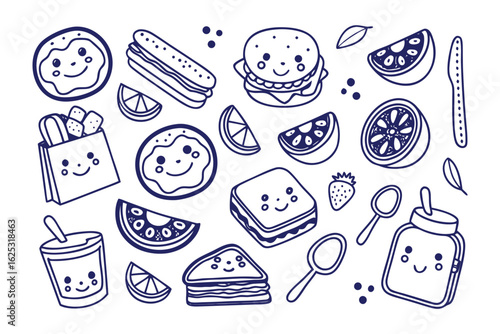Delightful Doodle: A whimsical assortment of cute, smiling food icons in a charming hand-drawn style. Each piece evokes a sense of joy and playful culinary exploration. 