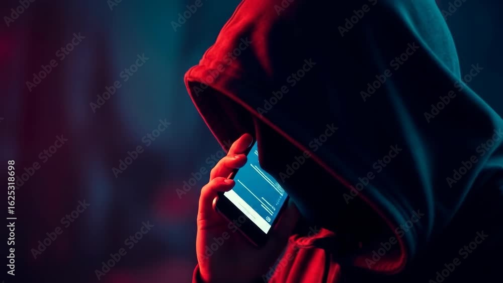 Unidentified hacker uses cell phone to execute online crime, highlighting network security issues. Hacker is concealed in dark attire while communicating through smartphone.
