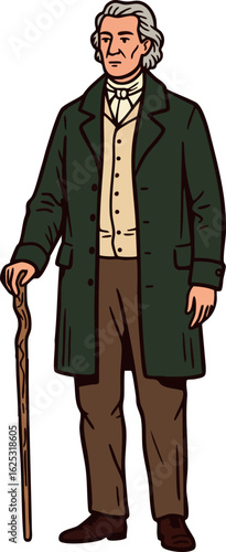 Historical gentleman with cane wearing long coat and vintage attire standing confidently vector illustration