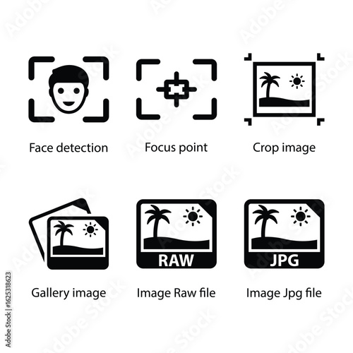 Face detection, Focus point, Crop image, Gallery image, Image Raw file, Image Jpg file, icon