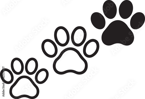 Set of three stylized paw print icons in black, including two outline designs and one solid silhouette, isolated on a white background.