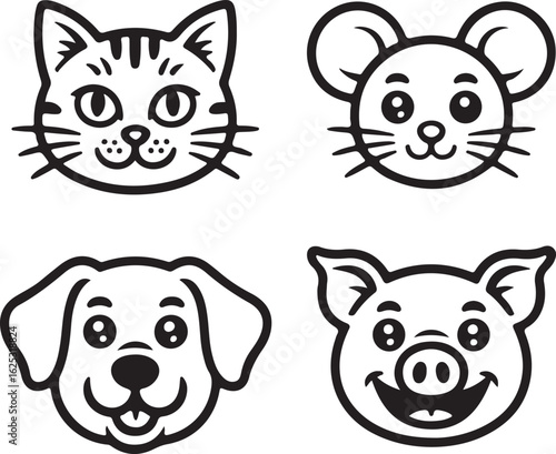 A vector line drawing sticker set showcasing cute cartoon animal faces of a cat, mouse, dog, and pig.