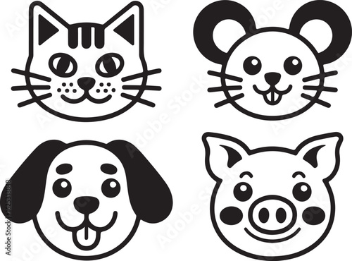A charming set of four black and white flat illustration animal faces including a cat, dog, mouse, and a pig. Cute character icons.