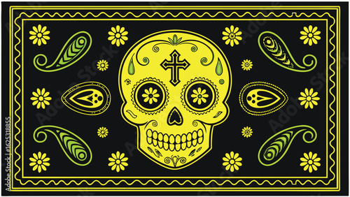 Yellow sugar skull with floral and paisley designs on black bandana day of the dead halloween