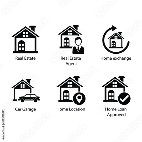 Real Estate, Estate Agent, Home exchange, Car Garage, Home Location, Home Loan Approved, icon