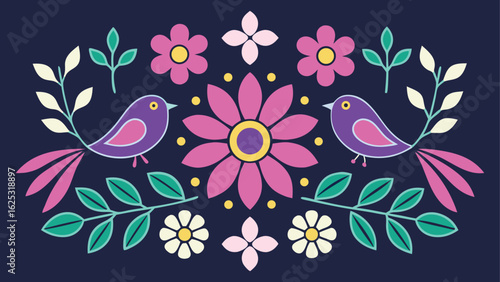 Two purple birds and pink flowers on a dark blue background folk art design floral
