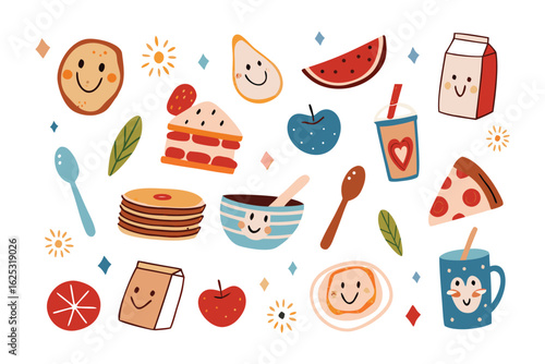 Happy Meal Time: A cheerful assortment of delightful food items, each with a smiling expression, forms a cute and inviting collection, perfect for any culinary project!