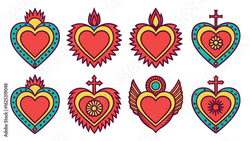 Set of Eight Sacred Heart Milagro Symbols in Red Yellow and Teal religious