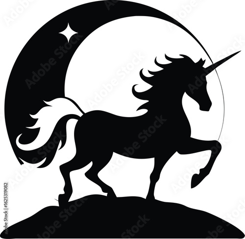 Vector illustration of unicorn silhouette against a crescent moon and star