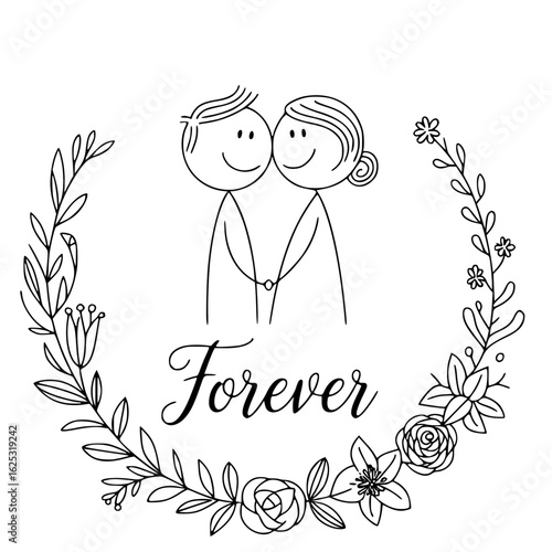 Everlasting Unity: A heartwarming illustration of two figures embracing within a wreath of delicate flowers, symbolizing an eternal bond.