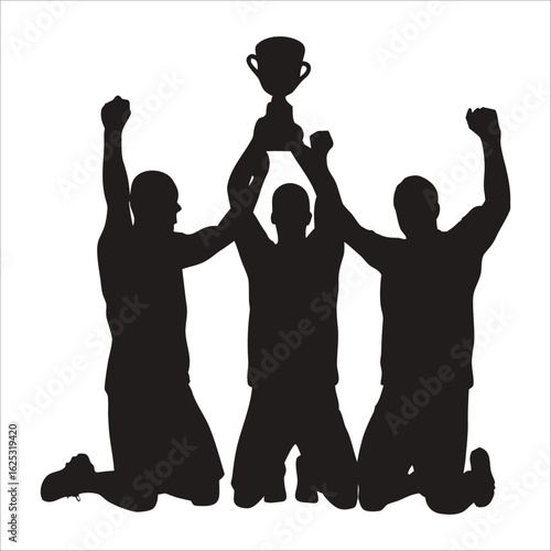 Silhouette of Football Players on Knees Celebrating with Trophy, Isolated on White Background