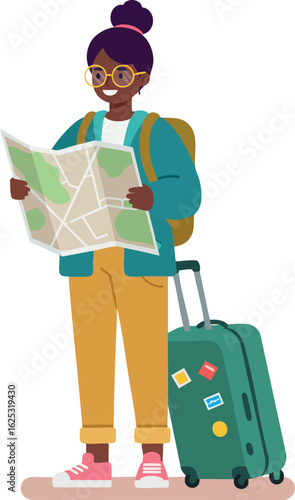 Woman traveler with backpack and suitcase checking map for navigation and exploration outdoor adventure activity