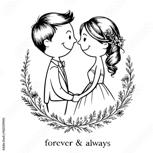 Eternal Promise: A heartwarming pen and ink illustration of a radiant bride and groom, united in an embrace framed by a delicate floral wreath, embodying the essence of forever and always.