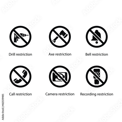 Drill, Axe, Bell, Call, Camera, Recording, Restriction icon