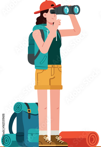 Young hiker with backpack and binoculars exploring nature in casual outfit and cap vector illustration