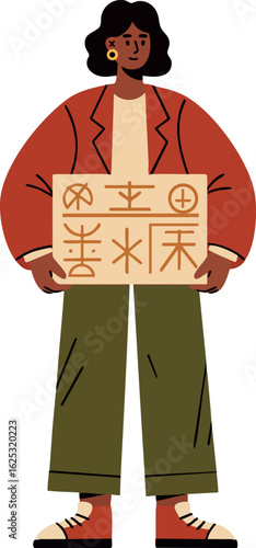 Young person holding cardboard sign asking for help with homelessness and poverty awareness illustration