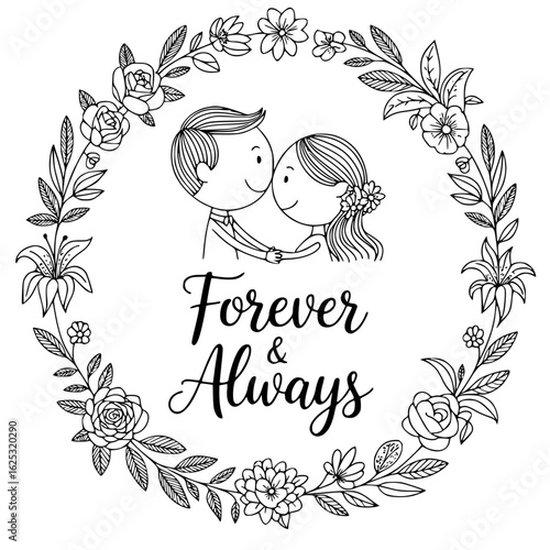 Forever & Always: A timeless depiction of eternal love, illustrated within a delicate floral wreath, embodying the essence of commitment and the beauty of lasting relationships.