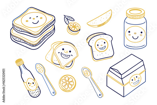 Joyful Breakfast Spread: A delightful, hand-drawn illustration showcasing a cheerful breakfast ensemble, including smiling bread slices, a jar of preserve, lemon and other delectable elements. 