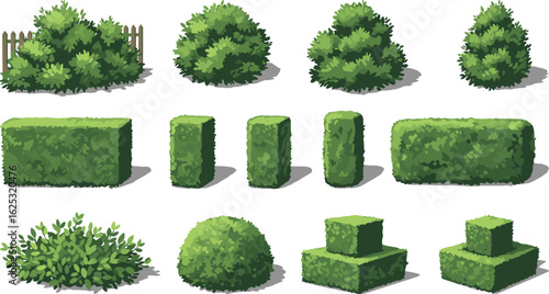 Garden bushes, trimmed hedges, landscaping design, hedge shapes, topiary art, natural foliage, garden layout, bush variety, outdoor greenery, plant styling