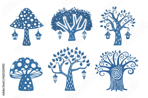 Enchanted Forest Elements: Hand-drawn trees and magical mushrooms in various enchanting designs, perfect for whimsical illustrations or decorative graphics.