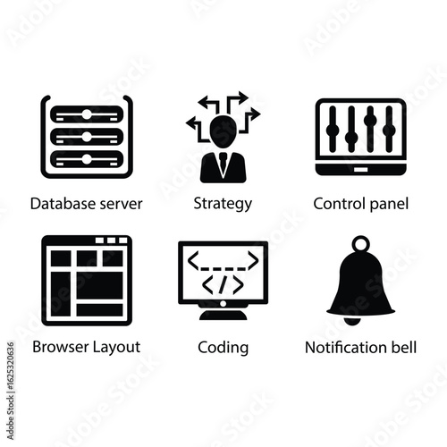 Database server, Strategy, Control panel, Browser Layout, Coding, Notification bell, icon