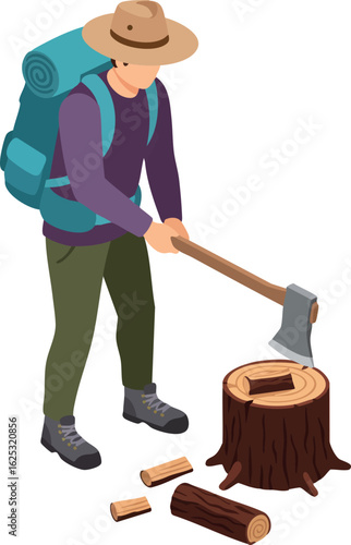 Backpacker chopping wood with axe on tree stump outdoor camping adventure illustration vector