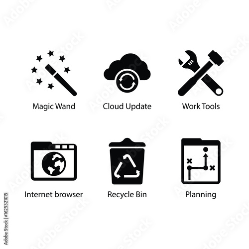 Magic Wand, Cloud Update, Work Tools, Internet browser, Recycle Bin, Planning, icon