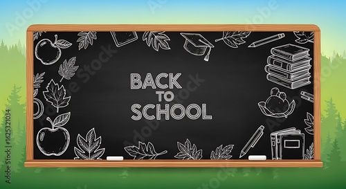 Back to school chalkboard with apple book leaf and graduation cap drawings on green forest background