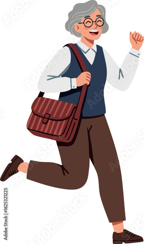 Elderly woman walking happily with brown handbag and casual outfit vector illustration