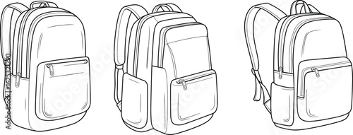 Backpack CAD drawing, flat vector illustration, multi-view design, travel backpack, school bag, outdoor gear, fashion accessory, technical sketch
