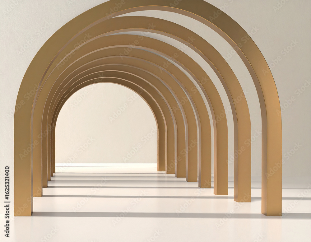 Fototapeta premium Futuristic modular hall with interlocking geometric arches in concrete and bronze