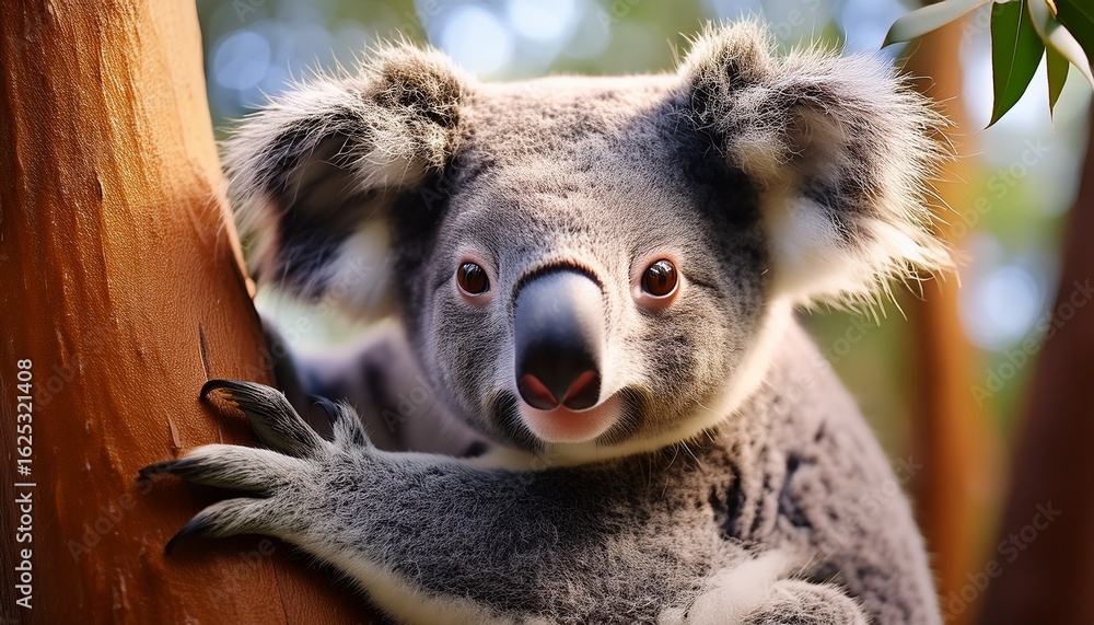 Fototapeta premium close up shot of a koala on a eucalyptus tree branch this endearing marsupial displays soft gray fur a prominent black nose and sizable fluffy ears