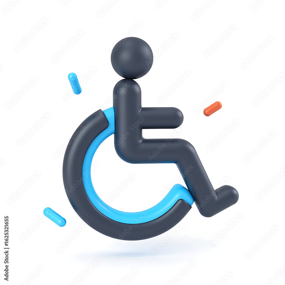 stylized black blue wheelchair symbol floats amidst bright white void surrounded cartoonish plastic stylized black blue wheelchair symbol floats amidst bright white void surrounded cartoonish plastic