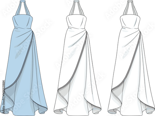 Halter-neck dress fashion illustration, draped design, flowing skirt, fitted bodice, elegant style, front view, garment sketch, clothing template