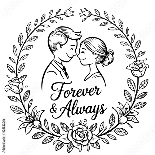 Forever and Always: A romantic black and white illustration captures a loving couple within a delicate floral wreath, conveying a sense of timeless love and commitment.
