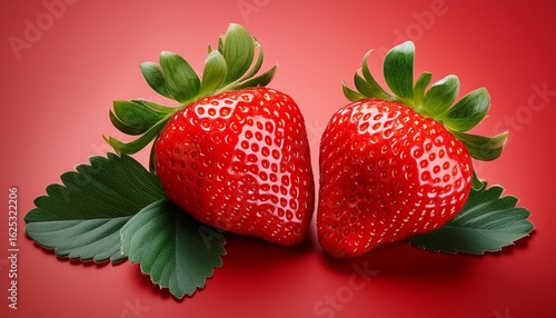 fresh ripe red strawberries with green leaves isolated on a red background
