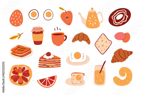 A Scrumptious Breakfast Feast: A vibrant collection of breakfast items, from sweet pastries to fresh fruits, is artfully arranged in a delightful still life. It's a celebration of the morning meal. 