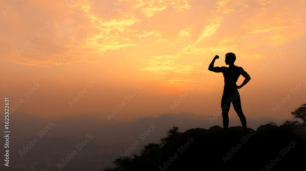 Fototapeta premium Silhouette of a Muscular Person Posing on a Mountaintop at Sunset