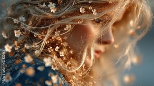 Romantic close-up of a womans long wavy shiny hair adorned with tiny flowers golden hour soft pastel tones dreamy aesthetic