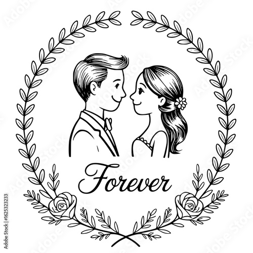 Forever Together: A timeless illustration of a loving couple within a floral frame, a perfect emblem of eternal romance and the beginning of a shared journey.