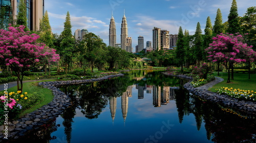 Reflection of modern skyscrapers in serene park pond surrounded by vibrant flowers and lush greenery in Kuala Lumpur