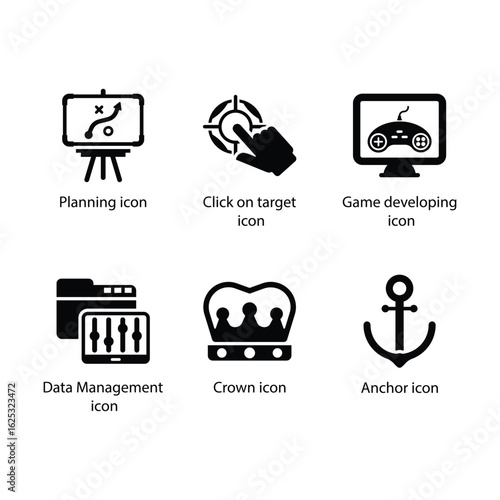 Planning, Click on target, Game developing, Data Management, Crown, Anchor, icon