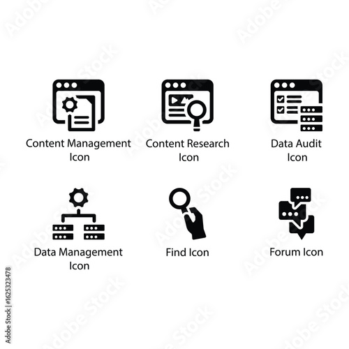 Content Management, Content Research, Data Audit, Data Management, Find, Forum, icon