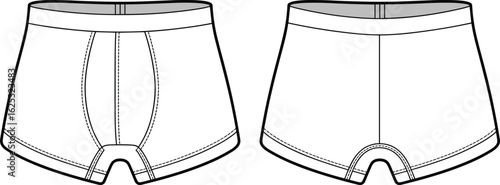 Boxer briefs CAD set, front and back views, center seam stitching, smooth front design, fashion sketch, garment template