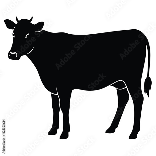 Black cow silhouette with head turned isolated on transparent background