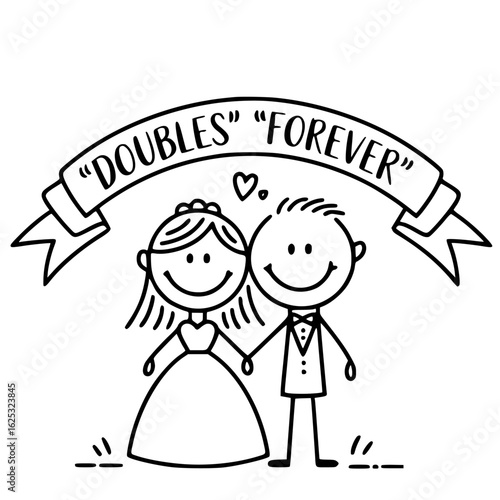 Eternal Bond: A joyful cartoon couple stands hand-in-hand, beneath a banner declaring 'Forever'. Their hearts aligned, a symbol of enduring love and union. 