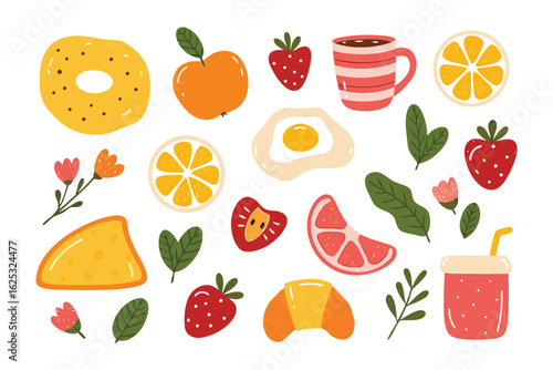 Breakfast Collection: An assortment of vibrant, delicious breakfast essentials, artistically arranged to evoke a sense of freshness and culinary delight. Including fruit, egg, and other healthy foods.