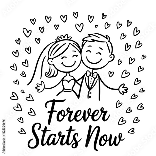 Eternal Beginning: A simple, yet heart-warming illustration of a just-wed couple, radiating love and joy, encircled by charming, hand-drawn hearts and an inscription of the vows.