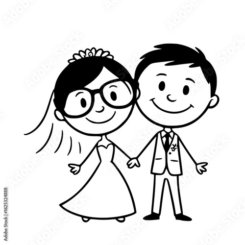 Hand in Hand: A charming monochrome depiction of a smiling, soon-to-be-wed couple, ready to embark on their journey, holding hands.