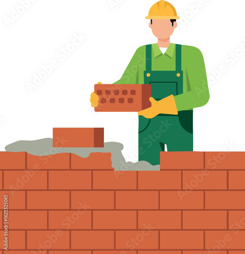 Construction worker building brick wall with yellow gloves and helmet vector illustration in flat style